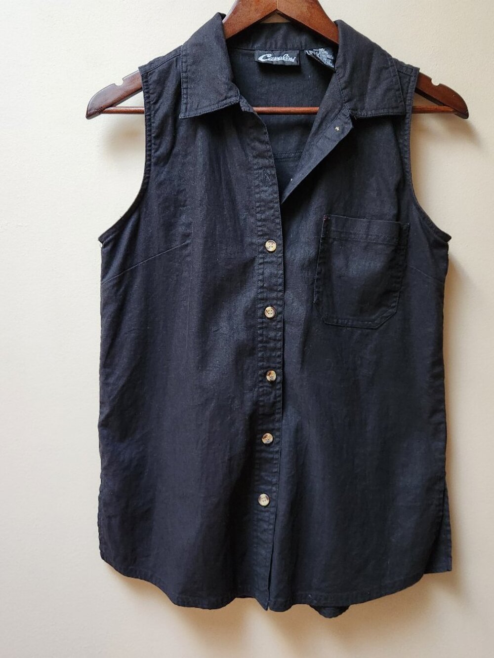 Cavalini black linen cotton sleeveless button blouse / S